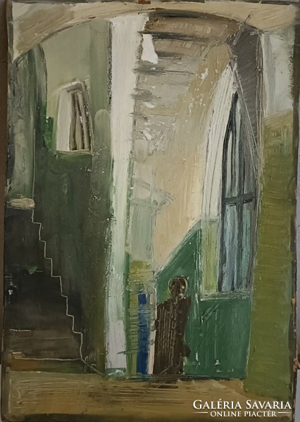 István Püspöky / in the staircase.. Oil/wood. Size 35.5x24.5cm