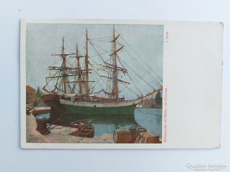 Régi képeslap művészeti levelezőlap hajó kikötő
