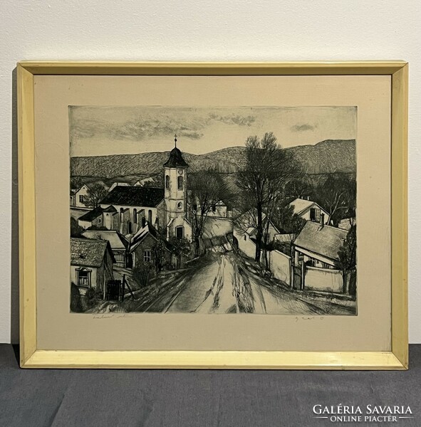 Domokos Gaál (1940-2009) village street - artistically controlled etching framed (invoice provided)
