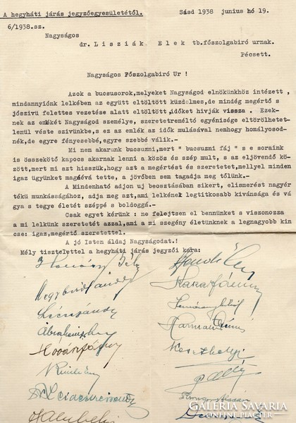 1938 Sásd, aláirások a hegyháti járás jegyzőegyesület dolgozóitól