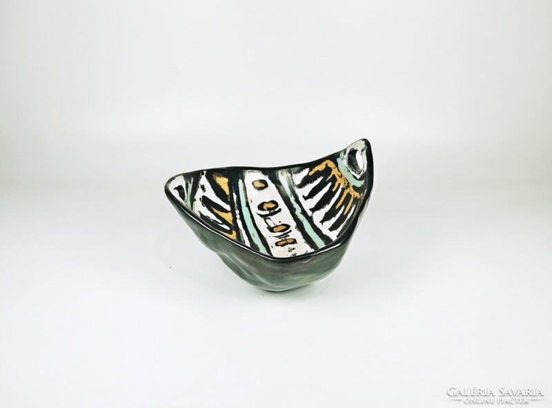 Gorka lívia, Fretro 1950s black ceramic bowl with an abstract pattern, perfect! (G032)