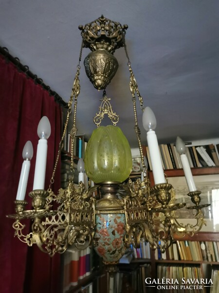 19th-century Zsolnay family-marked copper chandelier with a griffin bird. Discount!