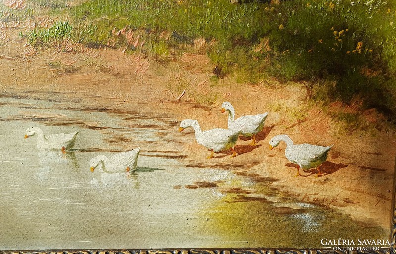 Antique oil-on-canvas painting in a beautiful blonde frame in neo-Grady style. Signed.