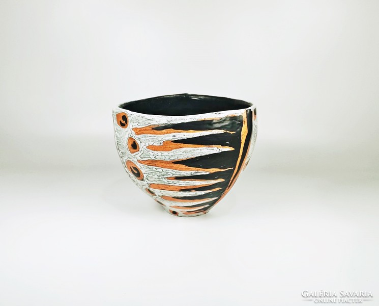 Gorka livia, Fretro 1950s black ceramic pot with abstract pattern, perfect! (G025)