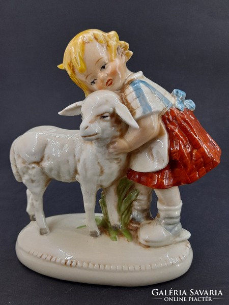 Little girl with lamb, German porcelain figurine, 13 cm