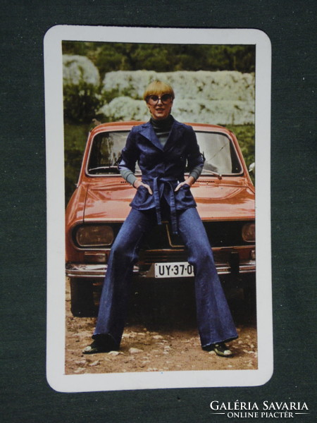 Card calendar, center store, clothing, fashion, erotic female model, Dacia 1300 car, 1978, (2)
