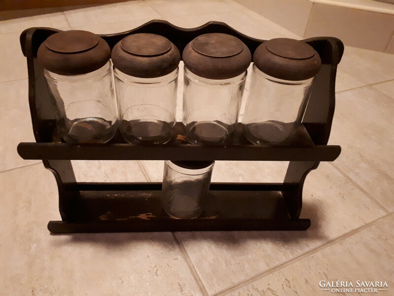 Wooden spice rack with 5 wooden glass jars, retro