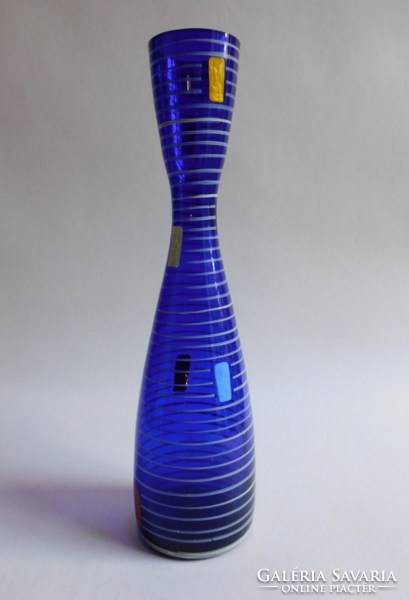 Parádi kézzel festett  karcsú váza retro geometrikus mintával 28.5 cm