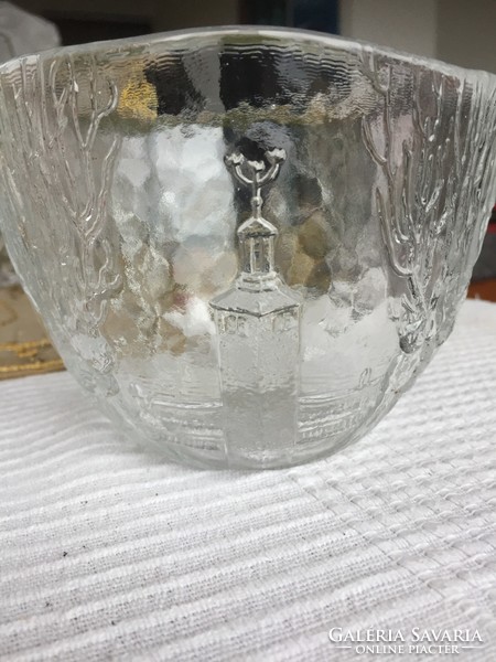 Svéd üveg tál, jelzett, jégüveg, 14,5 átmérő, 10 cm magas (76)