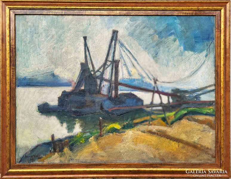Novotny Emil Róbert (1898 - 1975) Rakodó Uszályok a Dunán 1932 c. festménye Eredeti Garanciával!