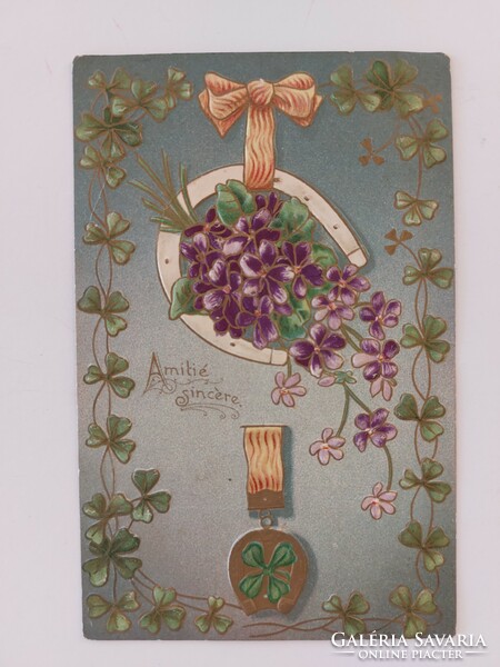 Régi képeslap 1909 dombornyomott levelezőlap ibolya lóhere patkó
