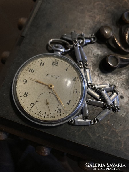 Molnija pocket watch with silver chain