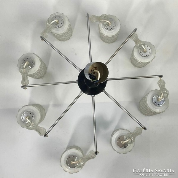 Rare large deer retro, mid glass-metal ceiling chandelier - 8 arms