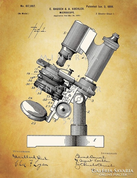 Régi laboratóriumi mikroszkóp 1899 antik orvosi műszerek, eszközök szabadalmi rajzainak nyomatai