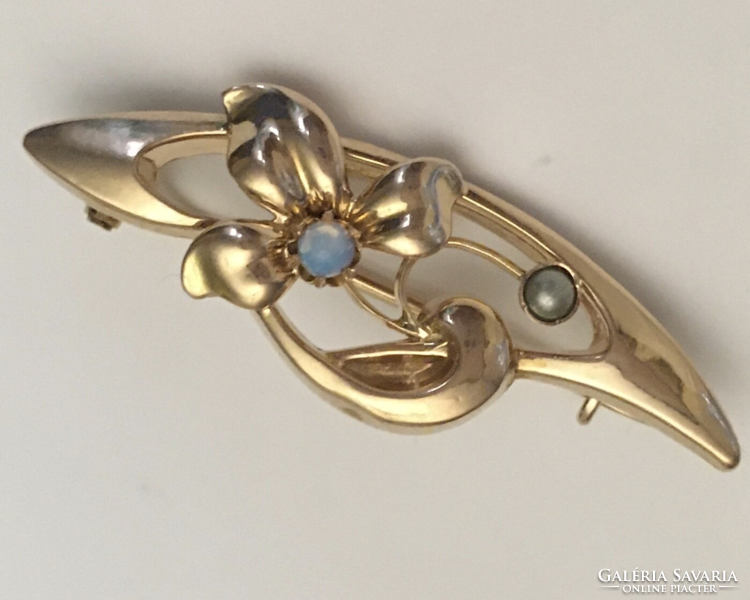 Antique Art Nouveau Gold Flower Brooch Opal