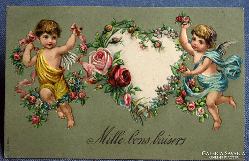 Antik dombornyomott üdvözlő képeslap - puttók, virág, rózsa, szív  1908ból