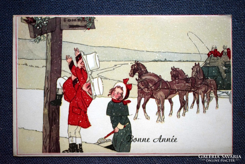 Old New Year's graphic greeting card - horse tooth, children, snowfall