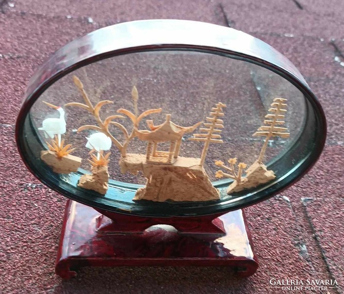 Handcrafted Chinese cork landscape - miniature carving - cranes next to pavilion
