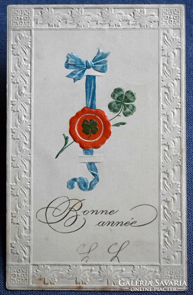 Antique embossed New Year greeting card - seal, 4-leaf clover from 1905