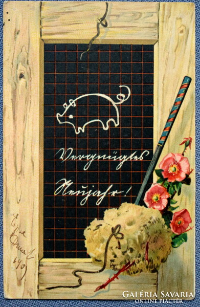 Antik Újévi  üdvözlő palatábla képeslap - malac rajz , szivacs 1909ből