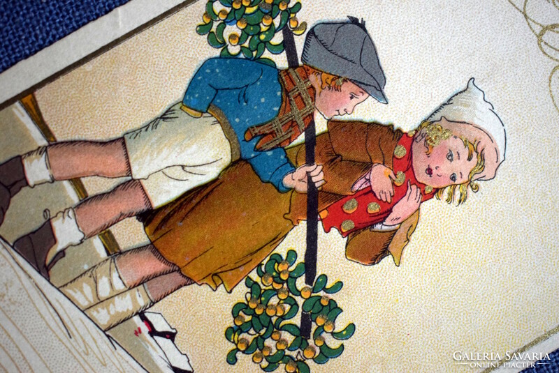 Régi  Újévi grafikus üdvözlő képeslap -  gyerekek , havas táj , magyal