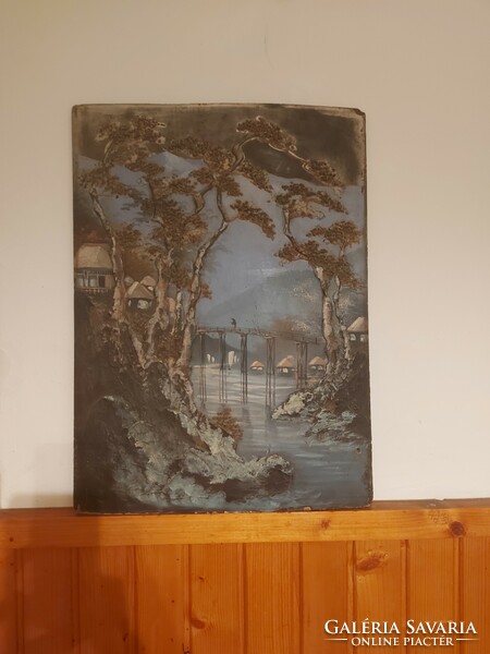 Antique oriental painting, plywood, plaster stucco, oil paint, 35x50 cm