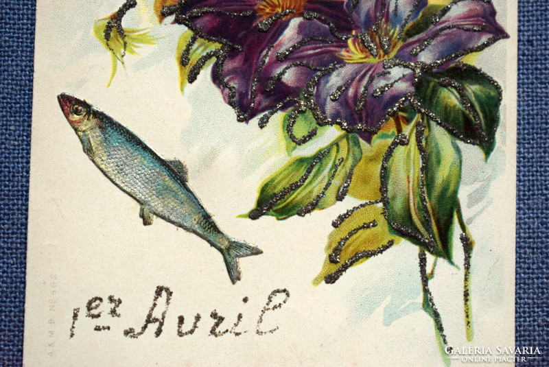 Antique glitter greeting card - decoupage fish, flower, landscape Apr 1.