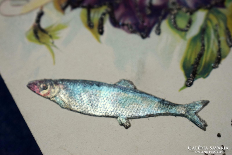 Antique glitter greeting card - decoupage fish, flower, landscape Apr 1.