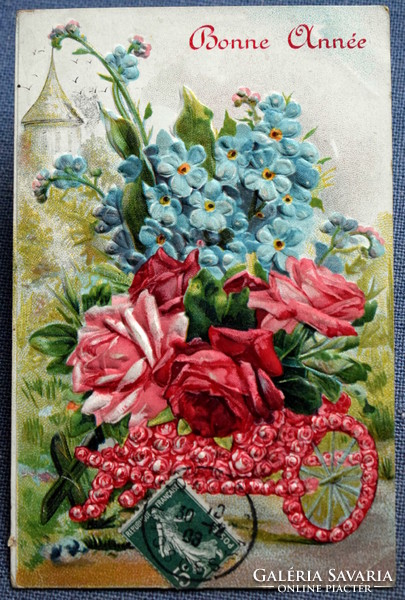 Antik dombornyomott Újévi üdvözlő képeslap - rózsa, virágtalicska, nefelejcs 1908ból