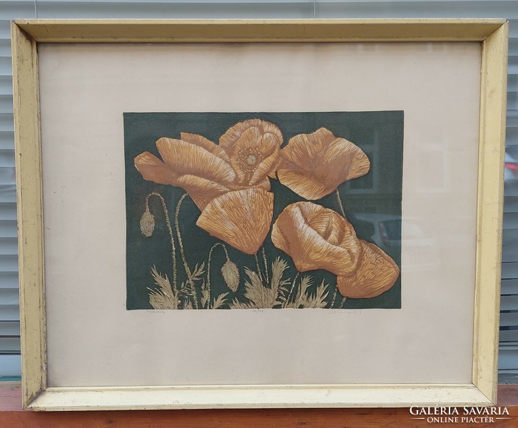 Marked color engraving, still life, poppies