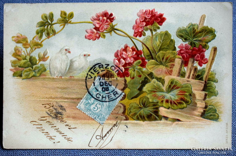 Antik dombornyomott üdvözlő képeslap - galambok , muskátli  1905ből
