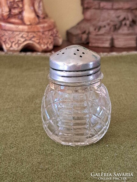 Old tiny thick glass spice salt shaker with metal cap