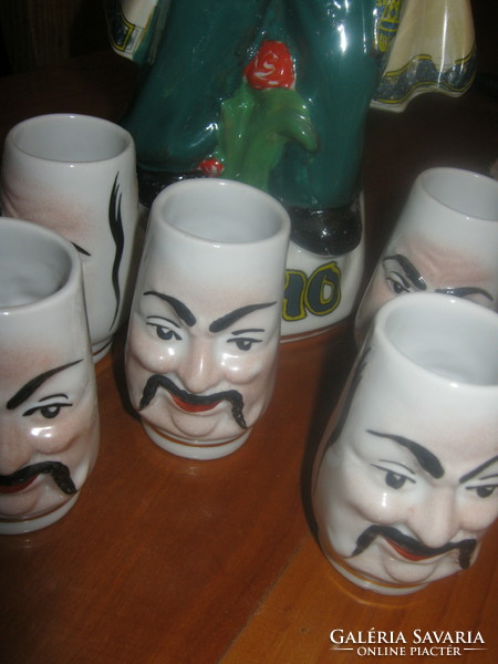 Retro Soviet porcelain drink holder with 5 angry - happy half glasses