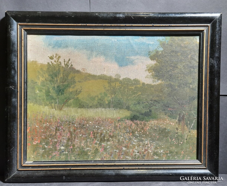 Flower field (old oil painting, canvas) landscape