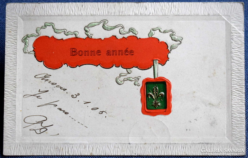 Antik dombornyomott Újévi üdvözlő képeslap 1905ből