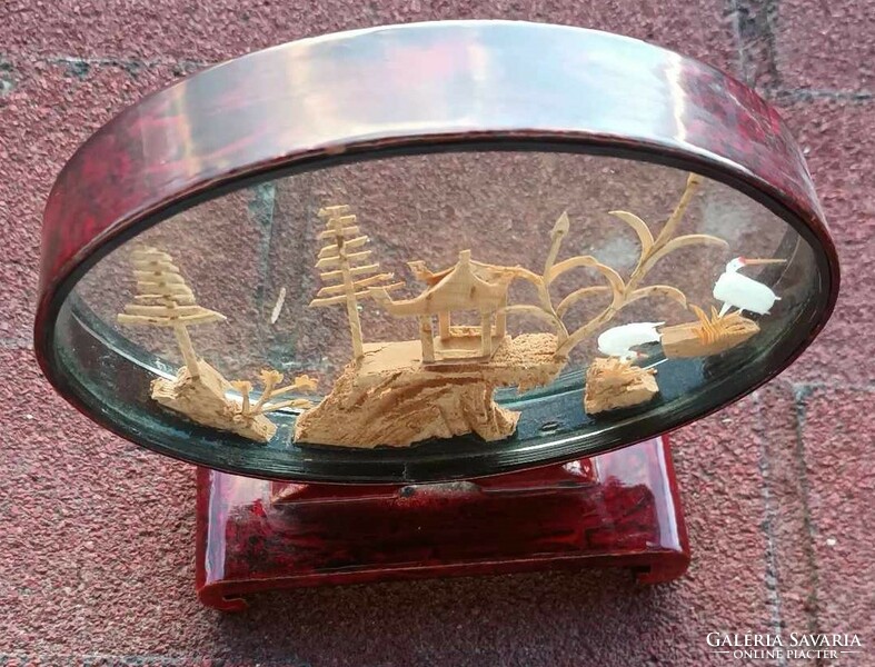 Kézműves kínai parafa tájkép - miniatűr faragás - darvak pavilon mellett