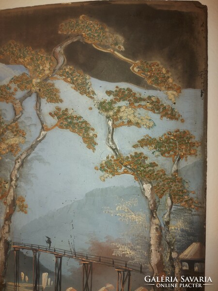 Antik keleti festmény, rétegelt falemez, gipsz stukkó, olajfesték, 35x50 cm
