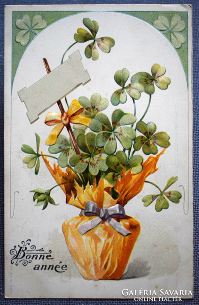 Antik dombornyomott Újévi üdvözlő képeslap - 4levelű lóhere csokorban