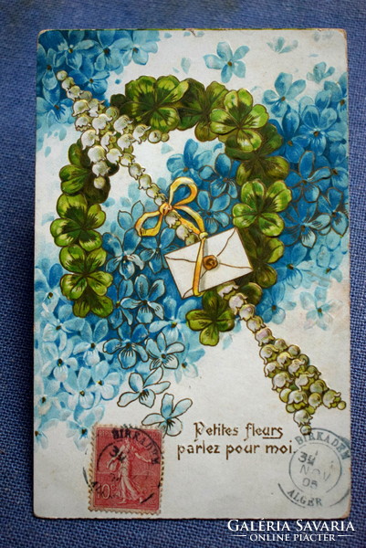 Antique embossed greeting card - 4-leaf clover lucky horseshoe lily flower arrow