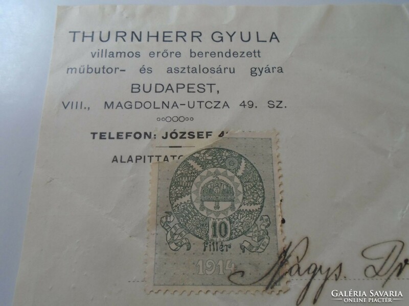 ZA468.15 Régi számla- 1919 Budapest- Thurnherr Gyula műbútor és azstalosáru gyára