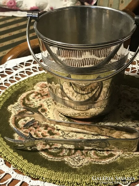 Beautiful old silver plated alpaca ice bucket with eagle claw tongs