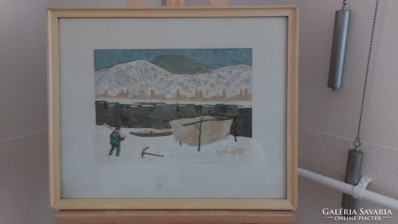 (K) Ernő Károlyi linocut l 53x43 cm with frame