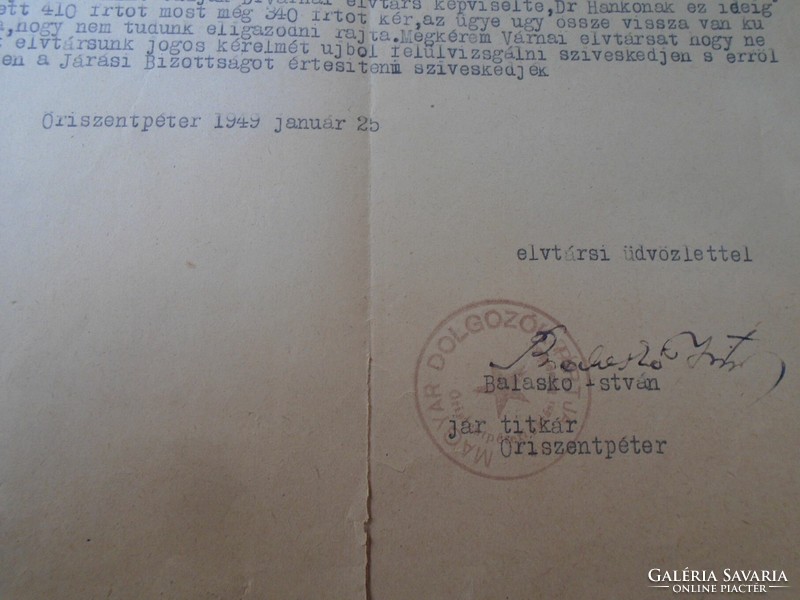 Za470.11 Szombathely -mdp district committee Őriszentpéter 1949- istván Balaskó - dr. Andor from Varna