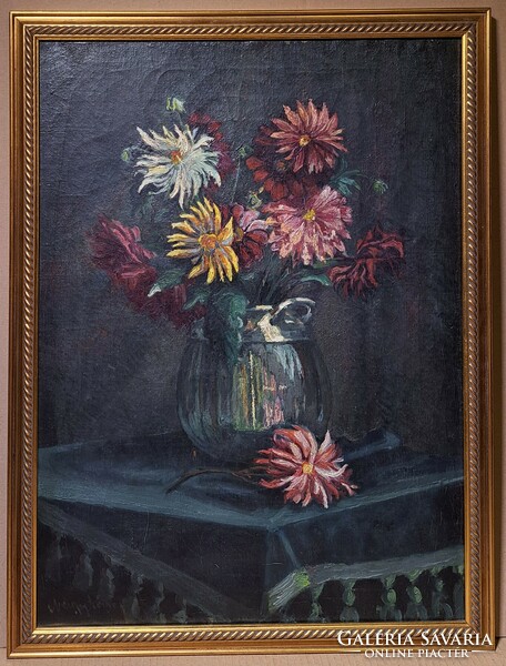Nagy Károly (1880-1931): Virágcsendélet (régi olajfestmény keretben)