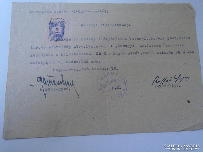 ZA470.12 NAGYNARDA  1948 Községi bizonyítvány -körjegyző és községbíró aláírásával  illetékbélyeggel