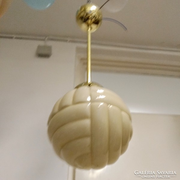 Refurbished art deco copper ceiling lamp - special pattern, cream-colored spherical shade
