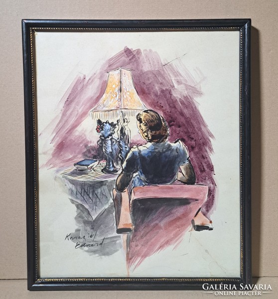 Karagich Eduárd: Asztalnál ülő nő, 1940-es évek - régi enteriőr, pécsi festő