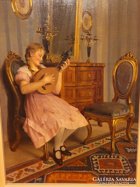 Emil Pap (1884 - 1955) girl with mandolin beautiful original painting