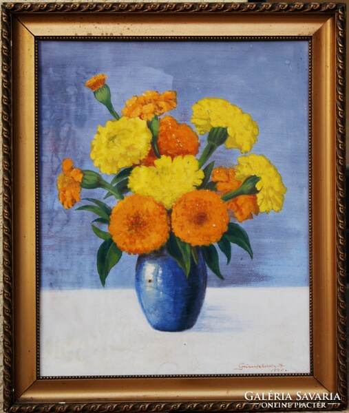 Grünfelder J.: Színes virágok kék vázában, 1940 - festmény eredeti keretében