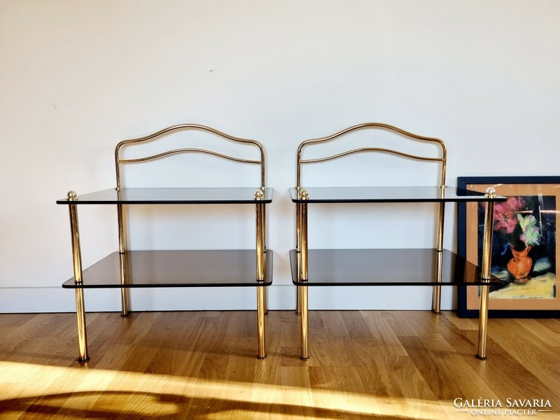 Pair of vintage smoked glass shelves, pair of nightstands